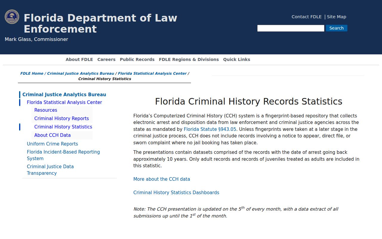 Florida arrest history CCH records dashboard