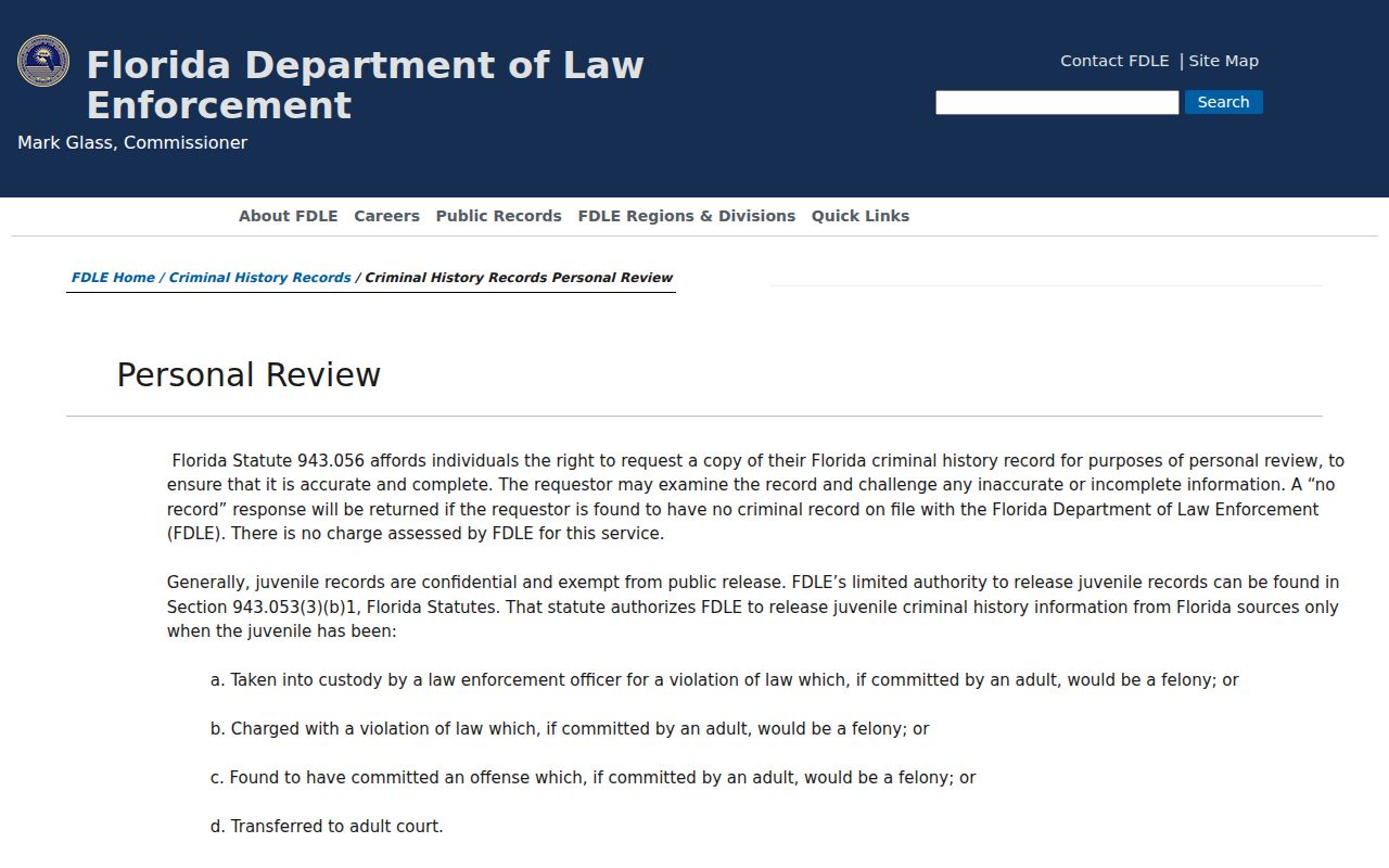 Florida FDLE criminal history Personal Review instructions