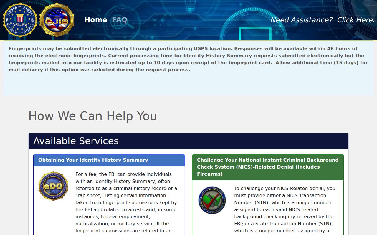 Florida criminal history FBI identity summary request portal