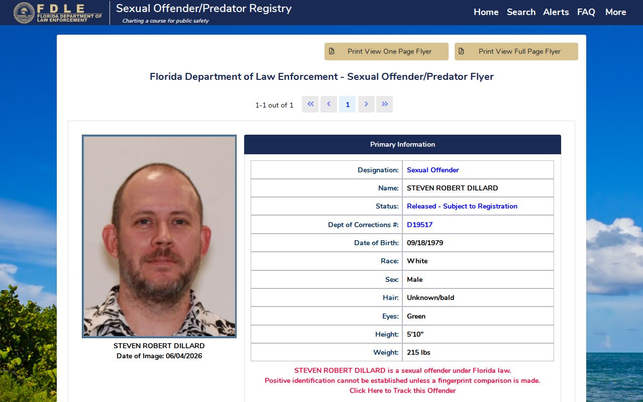 Florida sex offender registry profile field layout