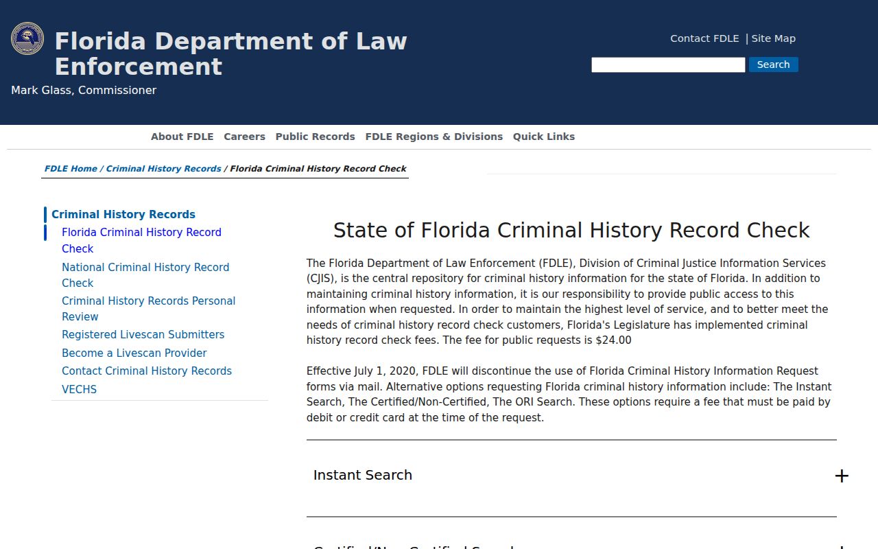 Florida criminal history check options from FDLE
