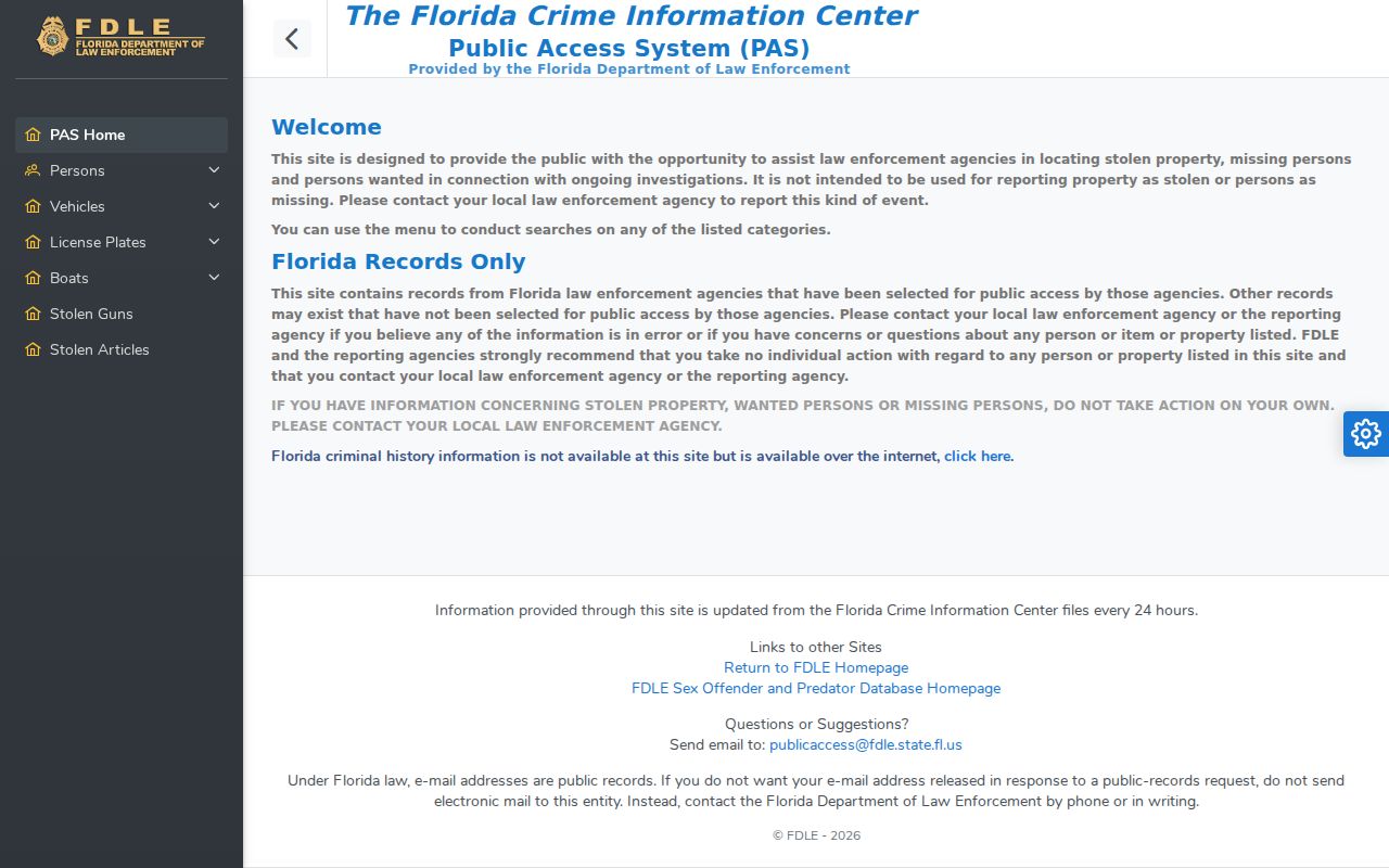 Florida FDLE wanted person and warrant search