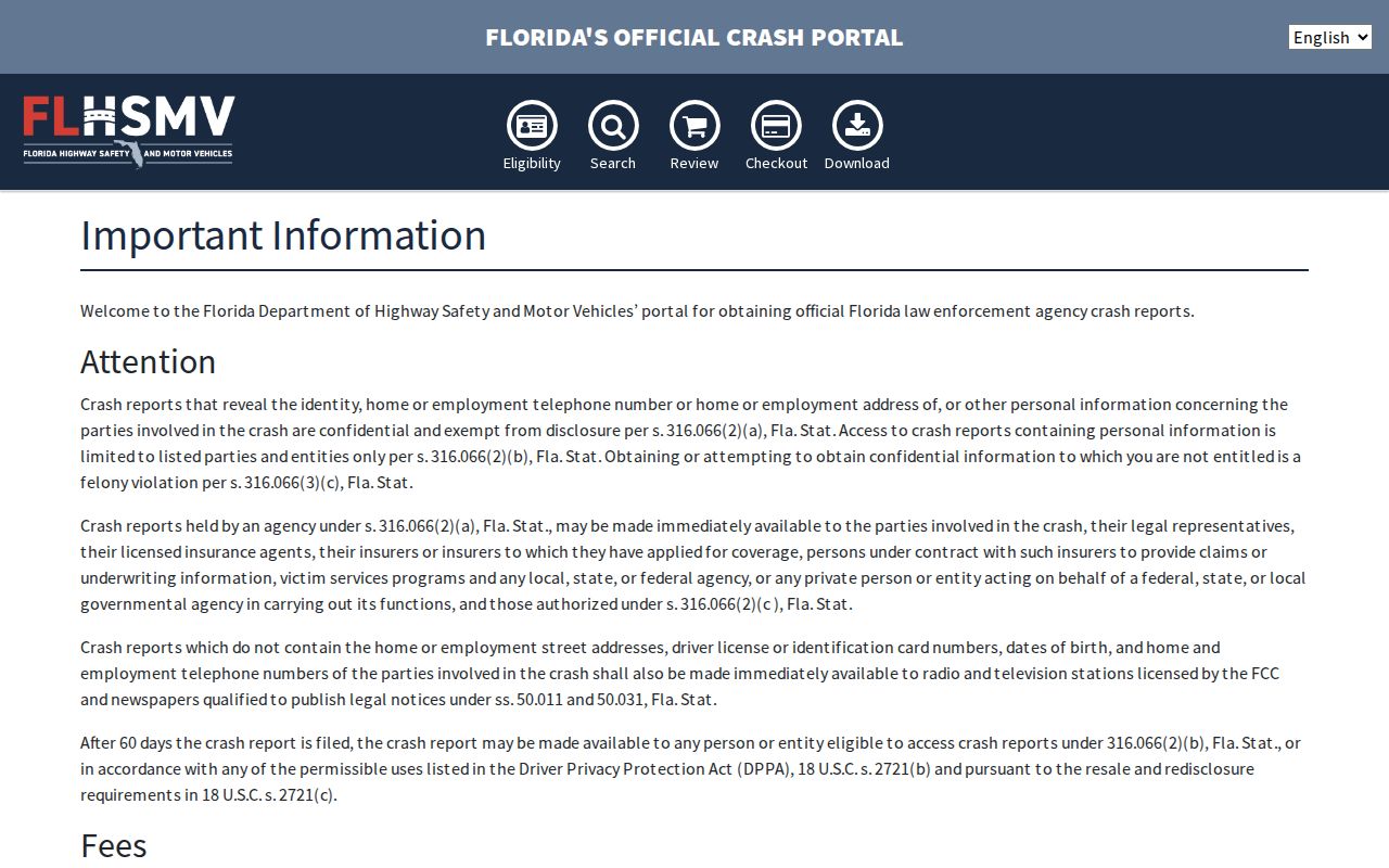 Florida crash report records ordering interface