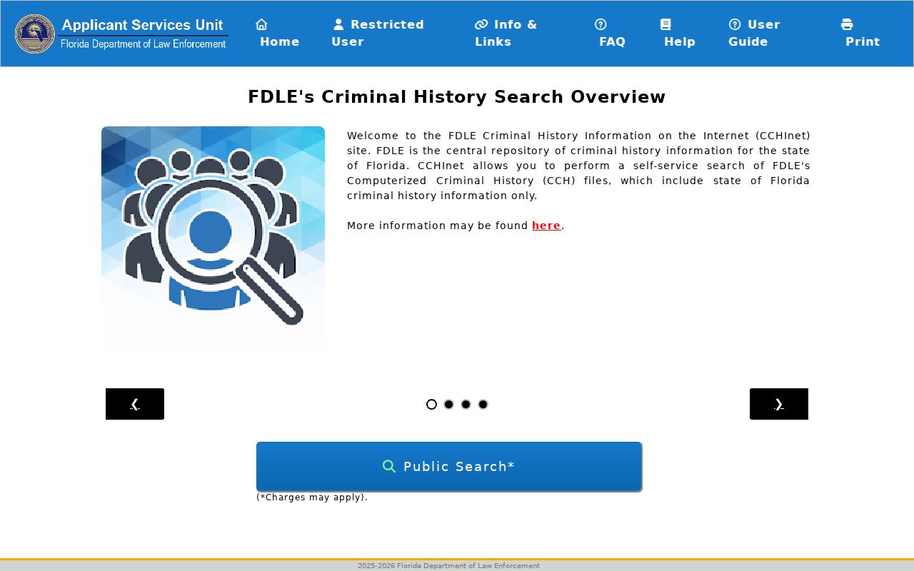 Florida CCHInet criminal history search interface
